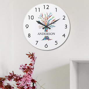 Name Monogram Rainbow Tree Large Clock