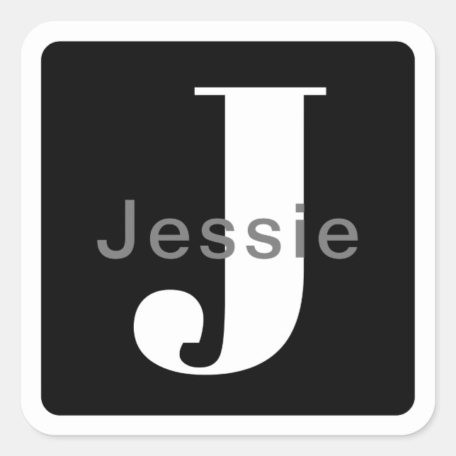 Name & Monogram | Rounded Black White & Grey Square Sticker (Front)