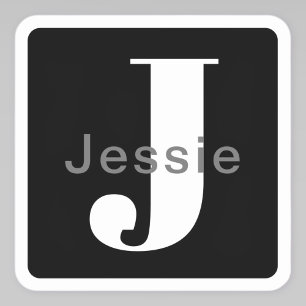 Name & Monogram Rounded Black White & Grey Square Sticker