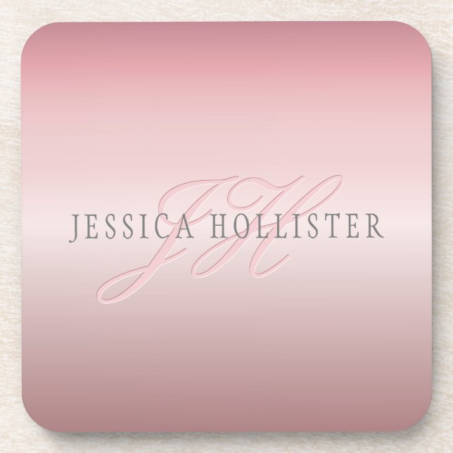 Name & Monogram | Soft FAUX Rose Gold Blush Coaster (Front)
