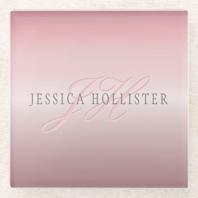Name & Monogram | Soft FAUX Rose Gold Blush Glass Coaster (Front)