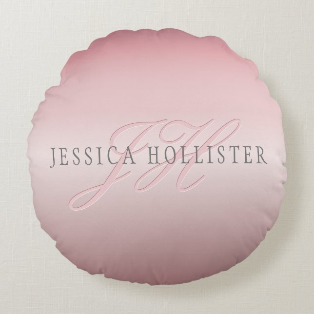 Name & Monogram | Soft FAUX Rose Gold Blush Round Cushion (Front)