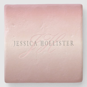 Name & Monogram Soft FAUX Rose Gold Blush Stone Coaster
