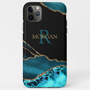 Name & Monogram Teal Black Agate, Gold DkTeal Text iPhone 11 Pro Max Case