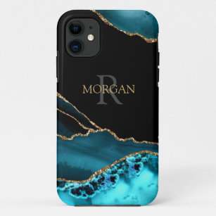 Name & Monogram, Teal Black Agate, Gold Grey Text Case-Mate iPhone Case