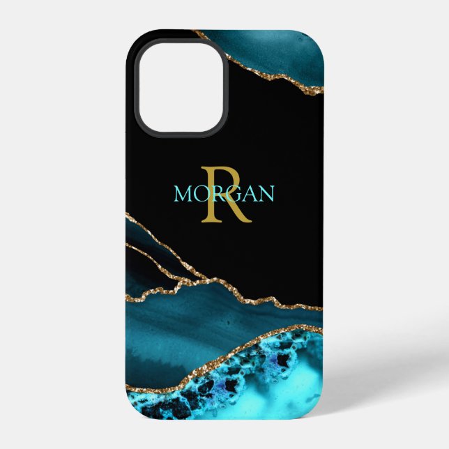 Name & Monogram, Teal/Black Agate, Gold/Teal Text  iPhone Case (Back)