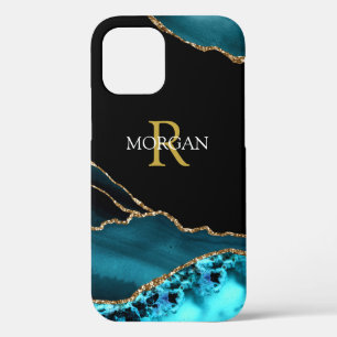 Name & Monogram, Teal/Black Agate, Gold/White Text iPhone 12 Pro Case