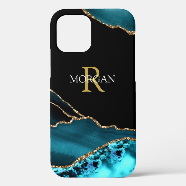 Name & Monogram, Teal/Black Agate, Gold/White Text Case-Mate iPhone Case (Back)