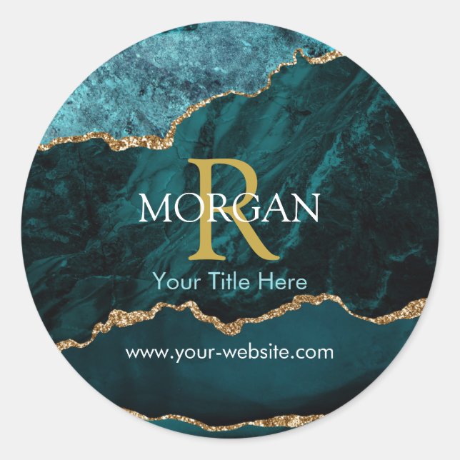 Name & Monogram, Teal Black Agate, Gold White Text Classic Round Sticker (Front)