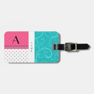 Name monogram turquoise swirls pink polka dots luggage tag