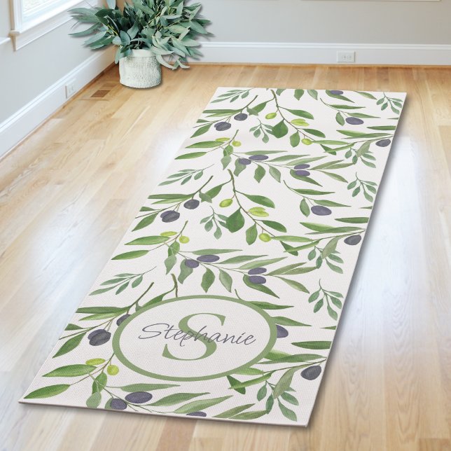 Name Monogram Watercolor Olive Pattern Yoga Mat (Creator Uploaded)