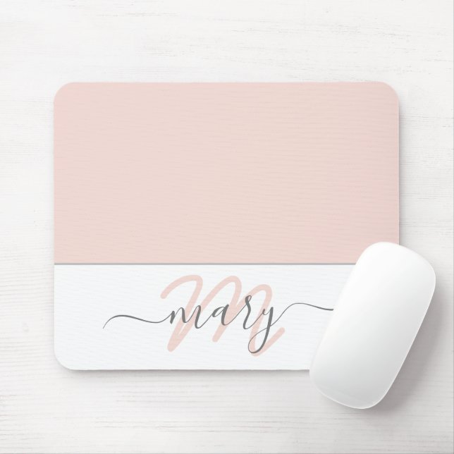 Name Monogram White Rose Pink White Abstract Mouse Mat (With Mouse)