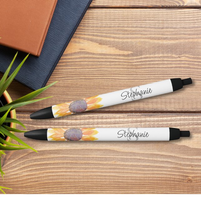 Name Monogram Yellow Sunflower Black Ink Pen (Creator Uploaded)