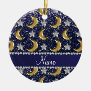 Name navy blue glitter gold moons silver stars ceramic tree decoration