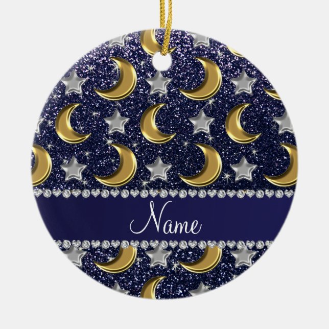 Name navy blue glitter gold moons silver stars ceramic tree decoration (Front)