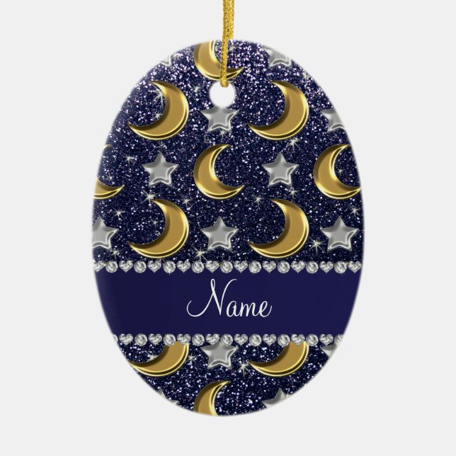 Name navy blue glitter gold moons silver stars ceramic tree decoration (Front)