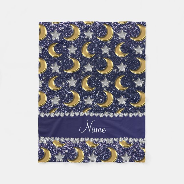 Name navy blue glitter gold moons silver stars fleece blanket (Front)
