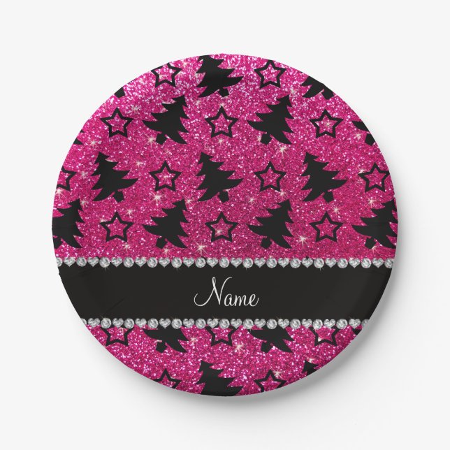 Name neon hot pink glitter christmas trees stars paper plate (Front)