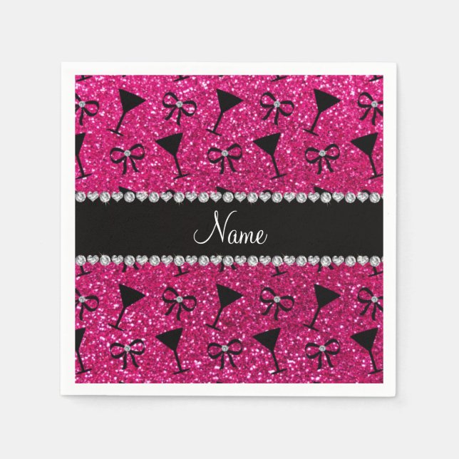 name neon hot pink glitter cocktail glass bow napkin (Front)