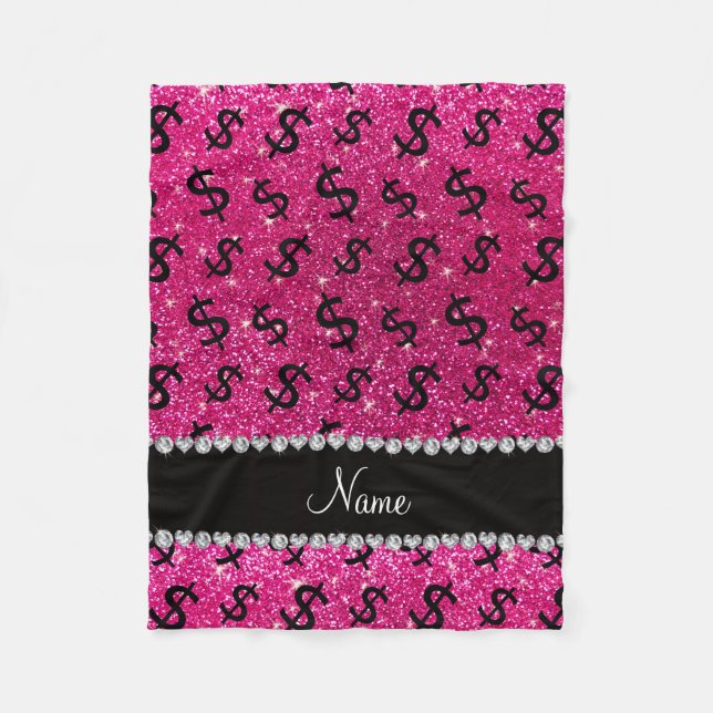 Name neon hot pink glitter dollar signs fleece blanket (Front)