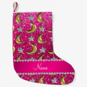 Name neon hot pink glitter gold moons silver stars small christmas stocking