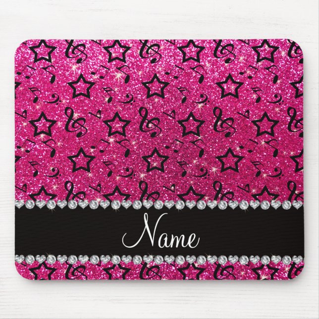 Name neon hot pink glitter music notes stars mouse mat (Front)