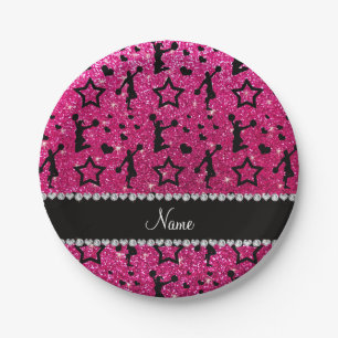 Name neon hot pink glitter stars cheerleading paper plate