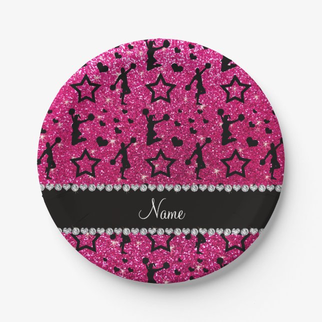 Name neon hot pink glitter stars cheerleading paper plate (Front)