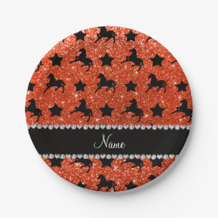 Name neon orange glitter horses stars paper plate