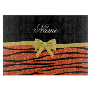Name neon orange glitter zebra stripes gold bow cutting board