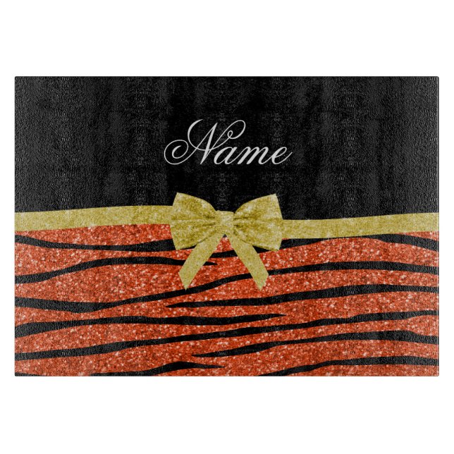 Name neon orange glitter zebra stripes gold bow cutting board (Front)