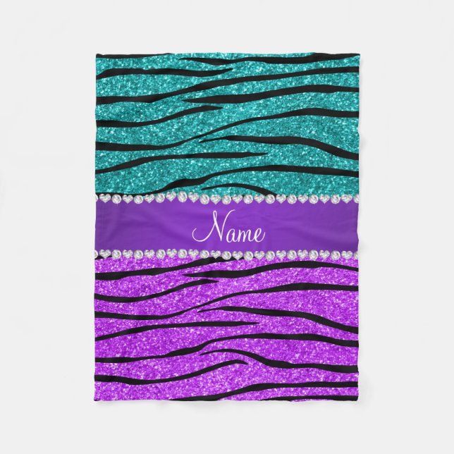 Name neon purple turquoise glitter zebra stripes fleece blanket (Front)