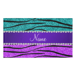 Name neon purple turquoise glitter zebra stripes name tag