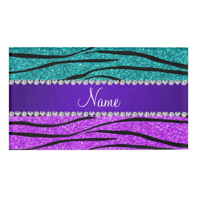 Name neon purple turquoise glitter zebra stripes tag (Front)