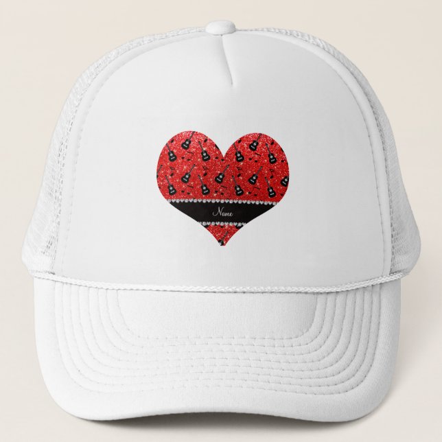 Name neon red glitter guitars music notes trucker hat (Front)