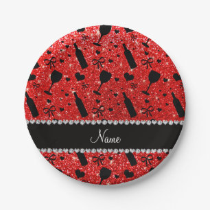 Name neon red glitter wine glass bottles paper plate
