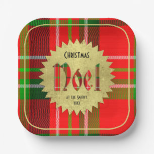 Name   Noel Typography Red Green Christmas Tartan Paper Plate