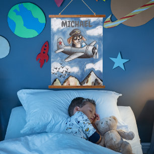 Name nursery art Funny Dog Aeroplane Clouds Custom Hanging Tapestry