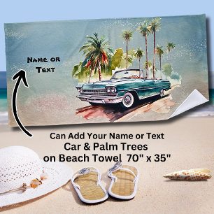 Name, Old Blue Car with Palm Trees Beach Towel