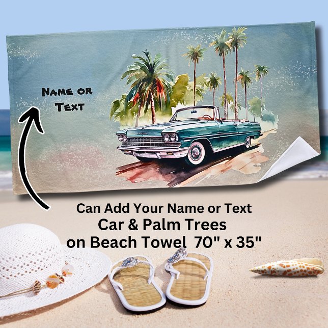 Name, Old Blue Car with Palm Trees Beach Towel (Creator Uploaded)