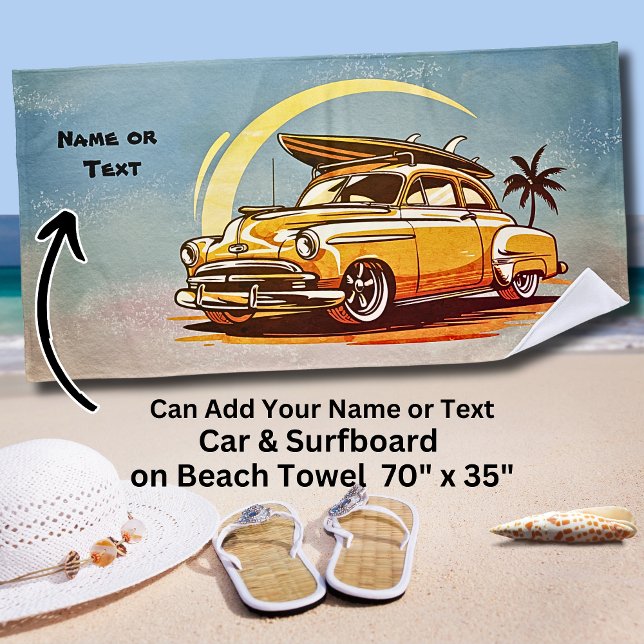 Name, Old Car with Surfboard & Palm Tree Beach Towel (Creator Uploaded)