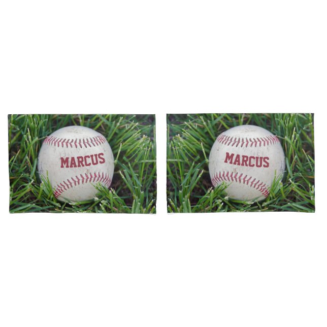 Name On a Baseball In Grass Pillowcase (Front-Set)