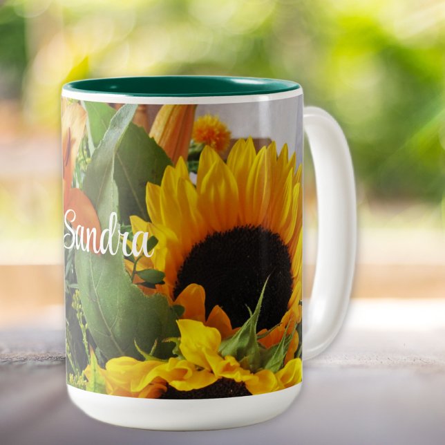 Name on Beautiful Autumn Sunflowers 15oz Two-Tone Coffee Mug (Creator Uploaded)