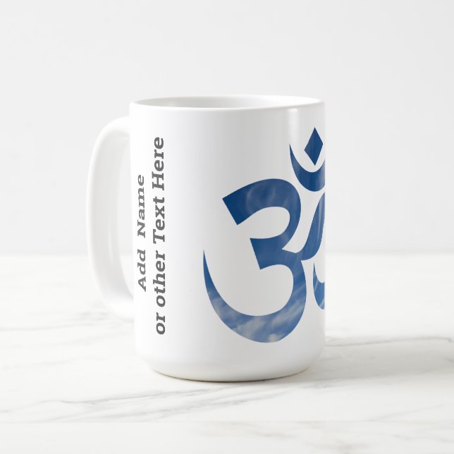 Name on, Blue Sky Clouds Pattern Om Symbol 15oz Coffee Mug (Front Left)