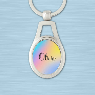 Name on Colorful Rainbow Ombre Print Oval Key Ring