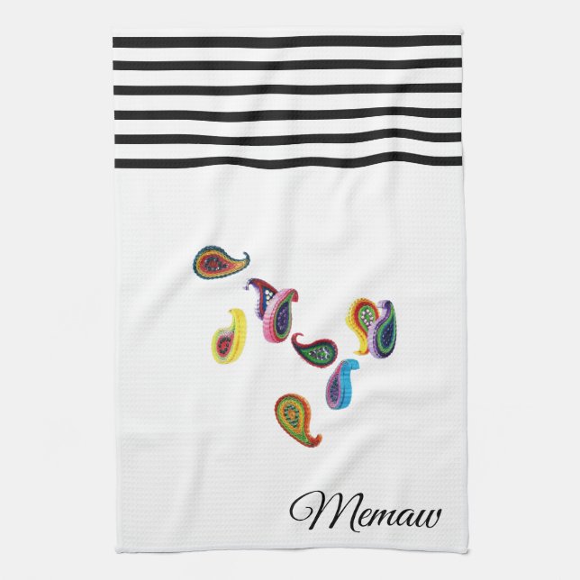 Name on Colourful Quilled Paisleys Kitchen Towel (Vertical)