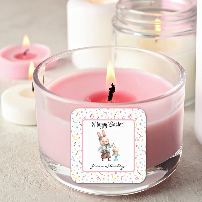 Name on Cute Happy Easter Bunny 1.5-in Square Sticker (Creator Uploaded)
