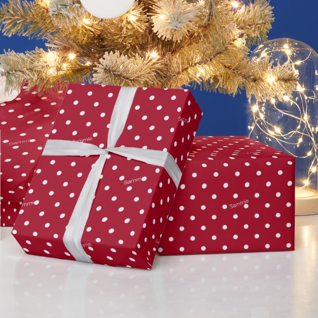 Name on Cute Red and White Polka Dot Pattern Wrapping Paper (Holidays)