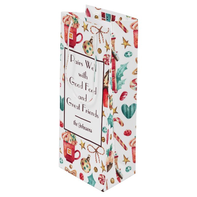 Name on Cute Whimsical Sweets Holiday Wine Gift Bag (Front Angled)
