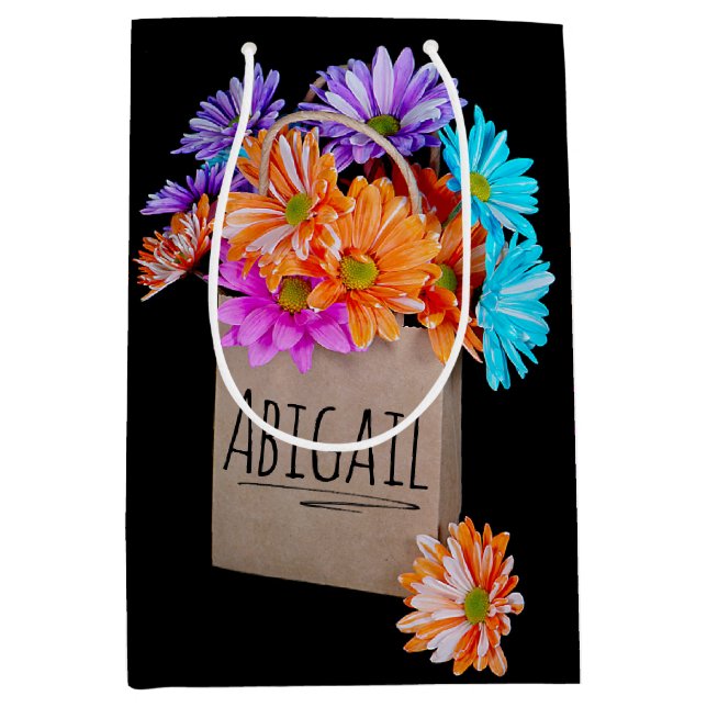 Name on Daisy Bouquet In Paper Bag (Front)